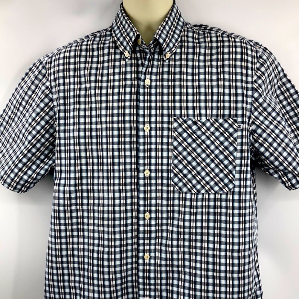 Timberland black and white short sleeve plaid shirt